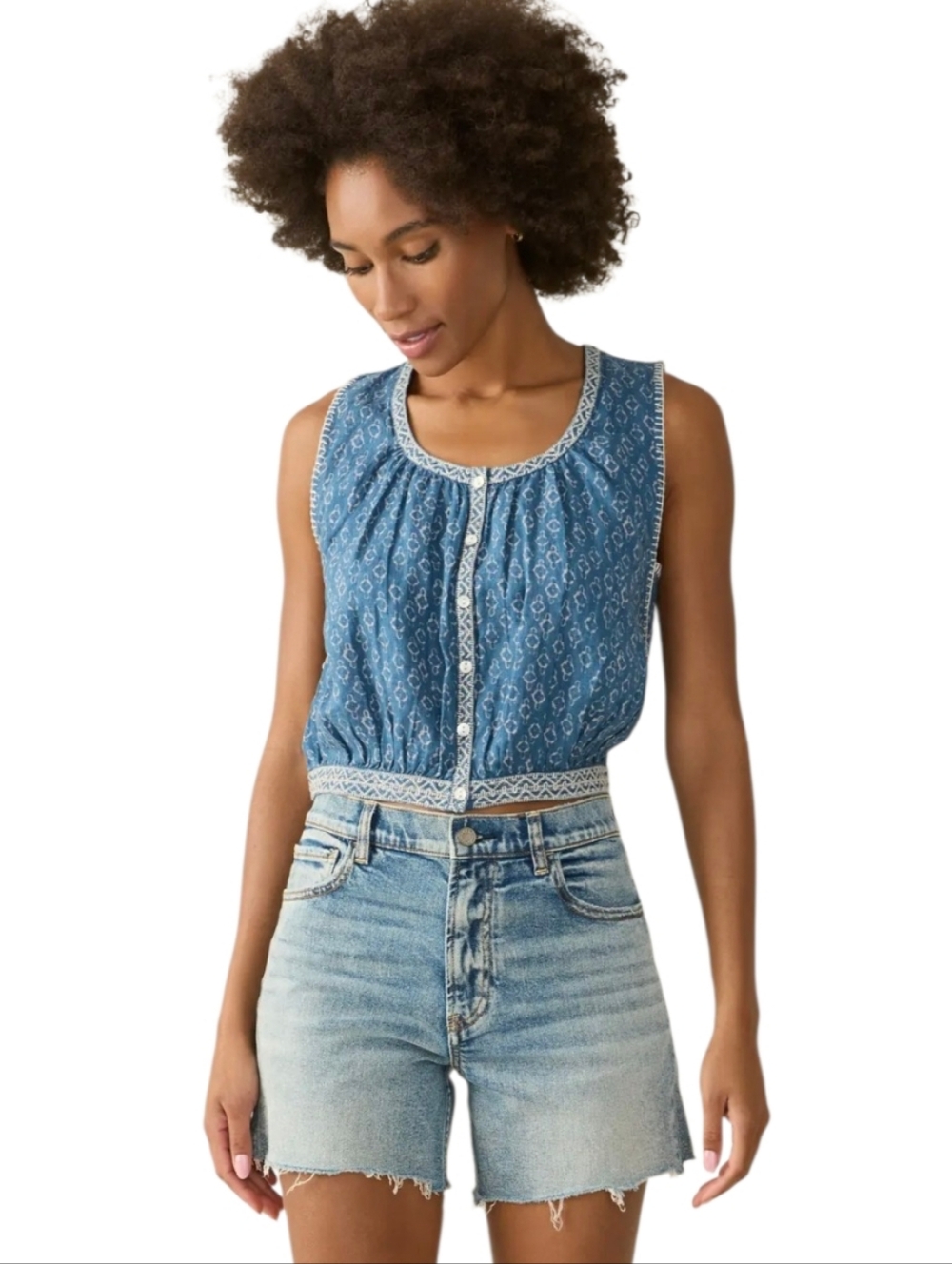 Faherty Isla Denim Embroidered Linen Crop Summer Top Sz.M Coastal Boho Chic